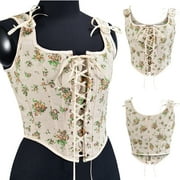 Full Dress in Evening Women Casual Eyelet Lace-up Floral Print Fishbone Court Vintage Corset Straps Tank Top
